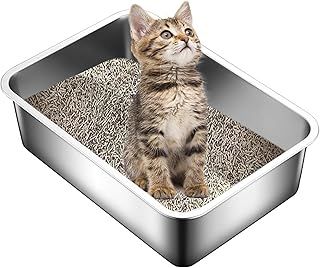 Suhaco Stainless Steel Cat Litter Tray 50 x 35 x 15cm High Sided Litter Box Kitten Litter Trays for Rabbits & Small or Medium Cats Litter Boxes