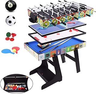 4FT 4 in 1 Multi Sports Game Table - Folding Combo - Pool/Snooker, Air Hockey, Table Tennis, Football with Accessory Storage Box