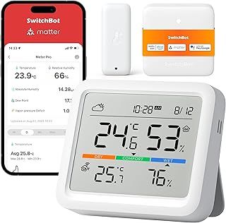 SwitchBot WiFi Weather Stations with Outdoor Sensor Wireless UK, Temperature Humidity Monitor with Date and Weather Forecast, Matter Hub Makes Station Work with Alexa, Apple Homekit, Google Home