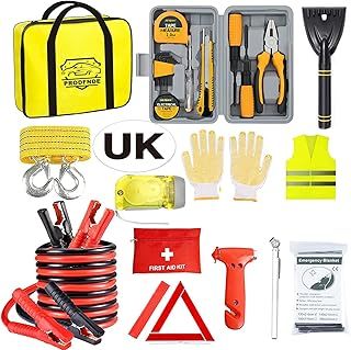 Car Emergency Kit, Roadside Assistance Emergency Kit, Car Breakdown Tool Set with Jumper Cables, Warning Triangle, Visibility Vest, Flashlight etc, Ideal Accessory for Truck, SUV