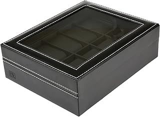 H&S Glass Lid Faux Leather 10 Watch & Jewellery Storage Box – Black Display Case Organiser for Men's & Women's Watches