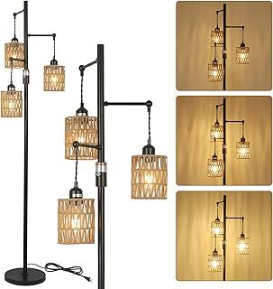 Rayofly Dimmable Rattan Floor Lamp, 3-Lights Boho Floor Lamp with Stepless Dimmer, Industrial Floor Lamps for Living Room, Tall Tree Floor Lamp with Rattan Shades, Farmhouse Standing Lamp for Bedroom