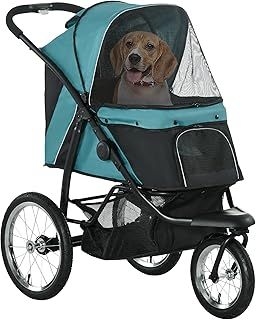 PawHut Dog Pram Dog Stroller Jogger Foldable Pet Pushchair for Medium, Small Dogs, w/Rubber Wheels, Washable Cushion - Dark Green