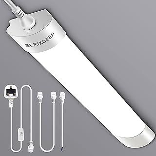 LED Batten Light 6500K Daylight, Linkable LED Fluorescent Strip Fitting for Garage, Workshop, Office, Wall, Kitchen, Shed, IP65 Plug in Ceiling Light Strip. 1.3FT, 40cm, 18W