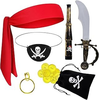 7PCS Captain Pirate Costume Accessories - Pirate Bandana Headband, Eye Patch, Binoculars, Earring, Wallet, Gold Coins for Women, Men, Kids Halloween