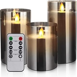 Flameless Candles Grey, Electric Remote Control Candle Flickering, Fake Wick Battery Operated LED Candles Gift set with Timer Remote, Real Wax Pillar Glass Candles light of 4" 5" 6"for home Deco,Xmas