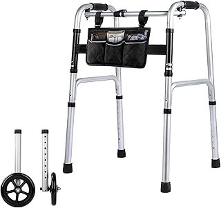 Aluminum Foldable Walking Frame with Wheels - Height Adjustable Folding Walking Frame for The Elderly, Mobility Walker for Seniors, Lightweight Folding Zimmer Frame, 2 Wheels with Bearings