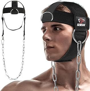 Senshi Japan Neck Harness Head Belt Universal Fit Traps Strengthener For Wider, Stronger Necks With Chain, D Hook For Cable Machines & Weight Disc Plates