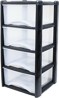 4 Plastic Storage Drawers, Space-Saving Draws for Office & Home, Drawers Storage Unit - Durable Plastic Storage Draws - Storage Drawers Unit - H80cm x L39cm x W39cm - Black/Clear