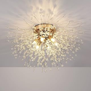 Stepeak Modern Crystal Ceiling Lights Chandelier, Gold Fireworks Ceiling Light, K9 Crystals Chandeliers, 6 G9 LED, Dimmable, Flush Mount Ceiling Lights for Living Room, Bedroom, Dining Room, Hallway