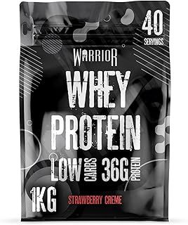 Warrior Whey Protein Powder – Up to 36g* of Protein Per Shake – Low Sugar, and Low Carbs – GMP Certified (Strawberry Crème, 1kg)