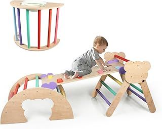 4 in 1 Wooden Pikler Triangle Set Triangle Climber Set Climbing Triangle Montessori Climbing Toys for Toddlers Indoor Playground with Ramp and Arch Climber (Multicolor)