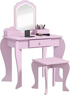 Kids Dressing Table, Kids Vanity Table, Girls Dressing Table with Mirror, Stool, Drawer, Storage Boxes, Cloud Design, for Ages 3-6 Years - Pink