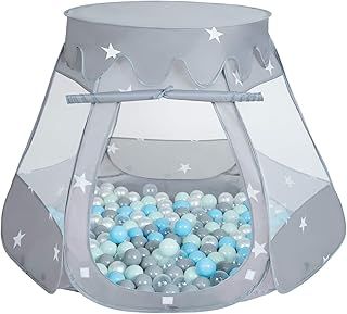 Selonis Play Tent 105X90cm/100 Balls Castle House Pop Up Ballpit Plastic Balls For Kids, Grey:Pearl-Grey-Transparent-Babyblue-Mint