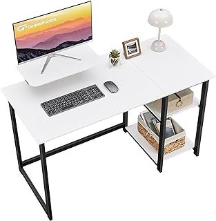 Computer Desk with Monitor Stand,100cm Home Office Desk with Reversible Storage Shelves,Study Desk for Small Spaces,White