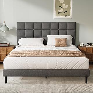 Yocreat King Bed Frame, Easy Assembly, Sturdy Wooden Slat Support, Upholstered Platform with Headboard, No Box Spring Needed, Gray King Bed 150×200