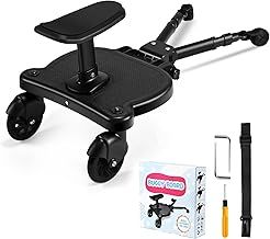 Universal Buggy Board with Seat,Kiddy Boards Pram Standing Board,Stable Two Wheel Design,360° Rotation,with Hanging Strap,Pram Accessory for Children from 2-6 Years(25kg),for 99% Baby Carriages