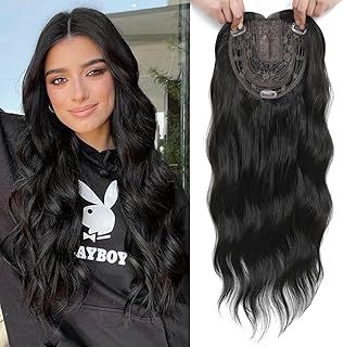 20inch Hair Topper, 7x7" Base Size Wavy Hair Topper for Women, Natural Black Hair Toppers for Thinning Hair, Handmade Natural Hairline Hair Toppers Fake Hair Pieces for Women