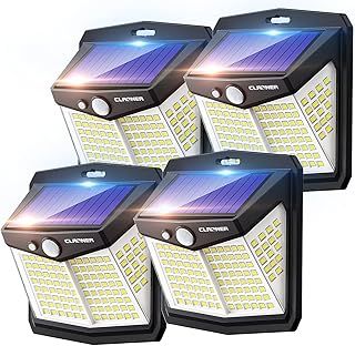 Solar Lights for Outdoor, Claoner 128 LED Motion Sensor Security Lights with 3 Lighting Modes IP65 Waterproof and Durable for Wall, 270° Angle for Yard Door Fence Pathway(4 Pack)