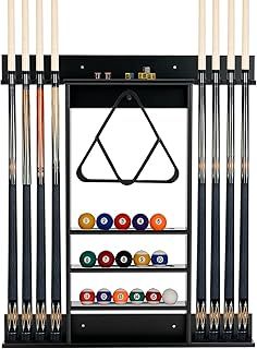 COSTWAY Pool Cue Rack Only, Wall Mounted Billiard Stick Holder with 3 Tiers Ball Slots, 8 Clips, Wooden Billiards Table Accessories Equipment (Black)