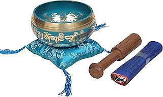 Tibetan Singing Bowl Set By Dharma Store - With Traditional Design Tibetan Buddhist Prayer Flag - Handmade in Nepal (Turquoise)