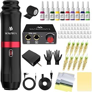 Mokohoa Tattoo Gun Kit, Tattoo Machine Kit for Beginners, Rotary Tattoo Pen with Ink, Cartridge Needles, Practice Sheet, Rubber Gloves (Black)