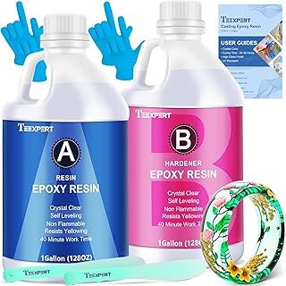 Teexpert Epoxy Resin Crystal Clear Kit 2 Gallon High-Gloss Coating and Casting ResinSelf-Leveling Bubbles Free Resin and Hardener Kit for DIY Decorative Jewelry Coasters Table Top Ornaments Trays Wood