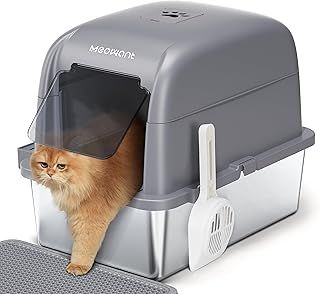 MeoWant Cat Litter Box with High Sided Stainless Steel with Lid, Enclosed Metal Litter Pan for Big Cat, Never Absorbs Odor, Non Stick Surface, XXL Extra Large Litter Tray, Detachable, Easy Clean, Grey