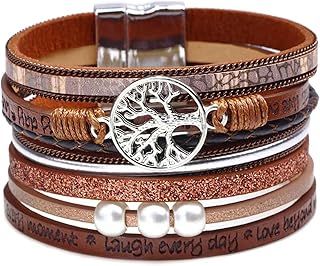 KunBead Jewelry Family Tree of Life Leather Wrap Bracelets for Women Handmade Braided Boho Multilayer Magnetic Buckle Bracelet Wristband Cuff Bangle Birthday Gifts