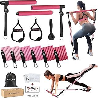 Pilates Equipment Pilates Reformer Bar Set With 6 Elastic Resistance Bands 180LBS/240LBS/360LBS & Door Anchor for Full-Body Fitness Toning & Muscle Building | Home Workout/Gym/Travel