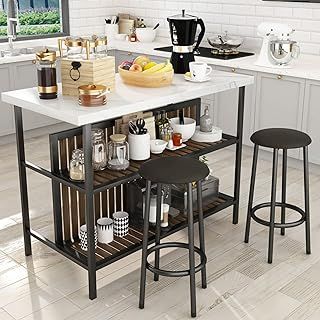 HOOSENG Kitchen Island with Seating Small Dining Table and Chairs Set for 2, Space Saving Breakfast Bar Table and Stools Set with Storage Shelve, White