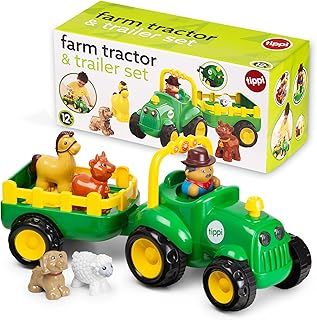 Tippi Farm Tractor & Trailer Set - Drive Along Tractor Toy With Farm Animals - Farm Tractor Toys For 1, 2, 3 Year Olds - Kids Sing Along Old McDonald Farm Toys - 1 Year Old Boy Toys
