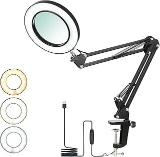 Magnifying Desk Lamp with Clamp, 8X Magnifier Lamps 3 Colors & 10 Brightness Dimmable Magnifying Glass Led Lamp, 19 Inch Adjustable Swivel Arm Lamp Craft Light