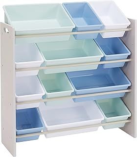 Amazon Basics Kids’ Toy 4 Shelf Storage Organiser With 12 Plastic Bins, Grey Wood With Blue Bins, 27.7 D x 85.3 W x 79.0 H cm