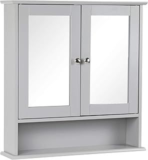 Taylor & Brown Double Door Mirrored Bathroom Cabinet Storage Cupboard Organiser Wall Mounted Mirror Cabinet with Adjustable Shelves, 56cm x 13cm x 58cm (Grey)