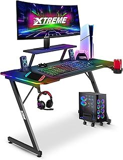 RGB 120 x 60cm Carbon Fibre Effect Gaming Desk with LED Lights Z Frame Compact PC Computer Gaming Desk with Monitor Screen Stand, Desktop Tower Stand Trolley, Cable Management 120cm x 60cm Black