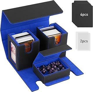 TiMOVO MTG Commander Deck Box, Magnetic Leather Card Deck Case Fits 200+ Double-Sleeved Cards, Card Box with 2 Commander Display & 4 Dividers & Dice Tray Fit YuGiOh TCG CCG Magic Cards, Black & Blue