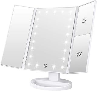 WEILY Makeup Mirror, 1x /2x/3x Trifold Makeup Mirror with 21 LED Lights and Adjustable Touch Screen Mirrors Cosmetic Countertop Mirrors (White)