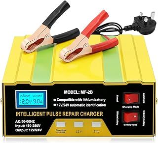 Hoypeyfiy 12V/24V 10A Smart Car Battery Charger - Automatic Battery Maintainer & Monitor for Cars, Trucks, Motorcycles, Boats, Lawn Mowers - Compatible with Lithium Lead-Acid Batteries