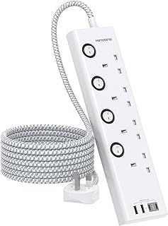 Brand 4 Way Plug Extension Socket with 4 USB Slots (2 USB C), Individual Switches, 1.8M Extension Cable, Wall Mount, Desk Power Strip for Bedroom Office Accessories