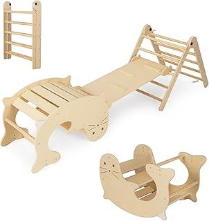 7-in-1 Toddler Climbing Frame, Foldable Kids Montessori Climbing Toys with Reversible Ramp, Sea Lion Rocker, Wooden Climber Set Indoor Slide Gym Playset for 3-14 Years Old (Natural)