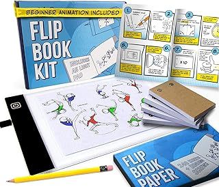 Flip Book Kit with LED Light Pad. Includes Flipbook Kit Starter Animation, 240 Sheets Blank Animation Paper and Instructions for Making Flip Books, LED Light Pad. for Kids 9-12 6-8