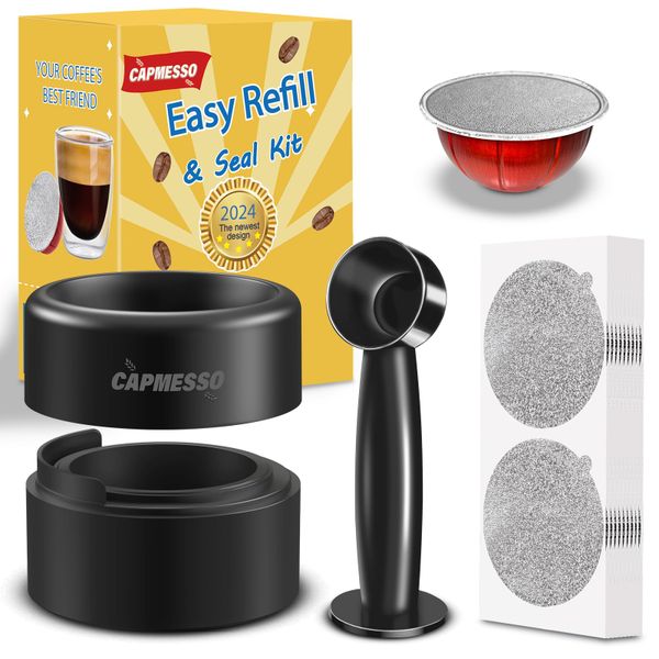 CAPMESSO Reusable Vertuo Pod Refill Kit, 2026 Upgraded Design for Faster Seal Reusable Nespresso Vertuo Pods with Fill & Press Brush,100pcs Aluminum Foil Lids for Refillable Nespresso Pods Vertuo