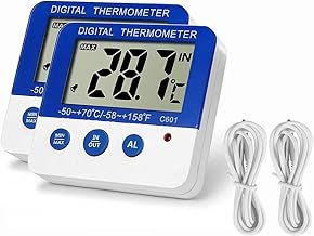 Fridge Freezer Thermometer Max/Min Memory High & Low Temperature Alarms Settings with LED Indicator Digital Refrigeration Thermometer with Magnetic,Stander (2packs)