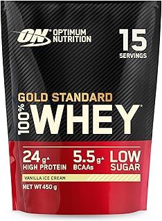 Optimum Nutrition Gold Standard 100% Whey Muscle Building and Recovery Protein Powder With Naturally Occurring Glutamine and BCAA Amino Acids, Vanilla Ice Cream Flavour, 15 Servings, 450 g