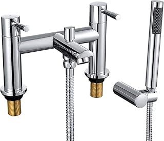 WasserRhythm Bath Mixer Taps with Shower Attachment Bathroom Tub Filler Tap Dual Lever Mixers Mono Monobloc Two Holes Chrome Brass 2 in 1 Bathtub Faucet with Handheld Shower Modern Deck Mounted