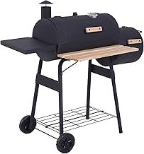 Outsunny Large Charcoal Barbecue Grill with Offset Smoker, Barrel BBQ Trolley with 3 Storage Shelves & Built-in Thermometer for Outdoor Garden Cooking, Black