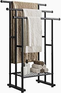 JELUTE Freestanding Towel Rack, Towel Rail Metal Ladder Towel Holder Drying Stand with 3 Towel Rails and Storage Shelf, Black