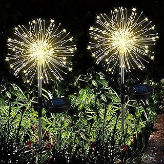 Joycome Garden Solar Lights 2 Pack 120 LED Firework Solar Lights Outdoor Garden, 8 Modes Starburst Light Waterproof for Lawn Pathway Patio Yard Party Backyard Decoration - Warm White