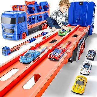 Race Track Truck Toys for 2 3 4 Year Old Boys Gifts: 65 Inch Folded Transport Carrier Truck for Boys Toys Age 2 3 4 - Toddler Toy Cars Gifts for 2 3 4 5 Year Old Boys